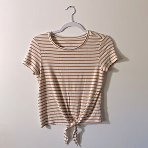 American Eagle Baby Tee Crop Top White Mustard Stripes Front Tie Sz small